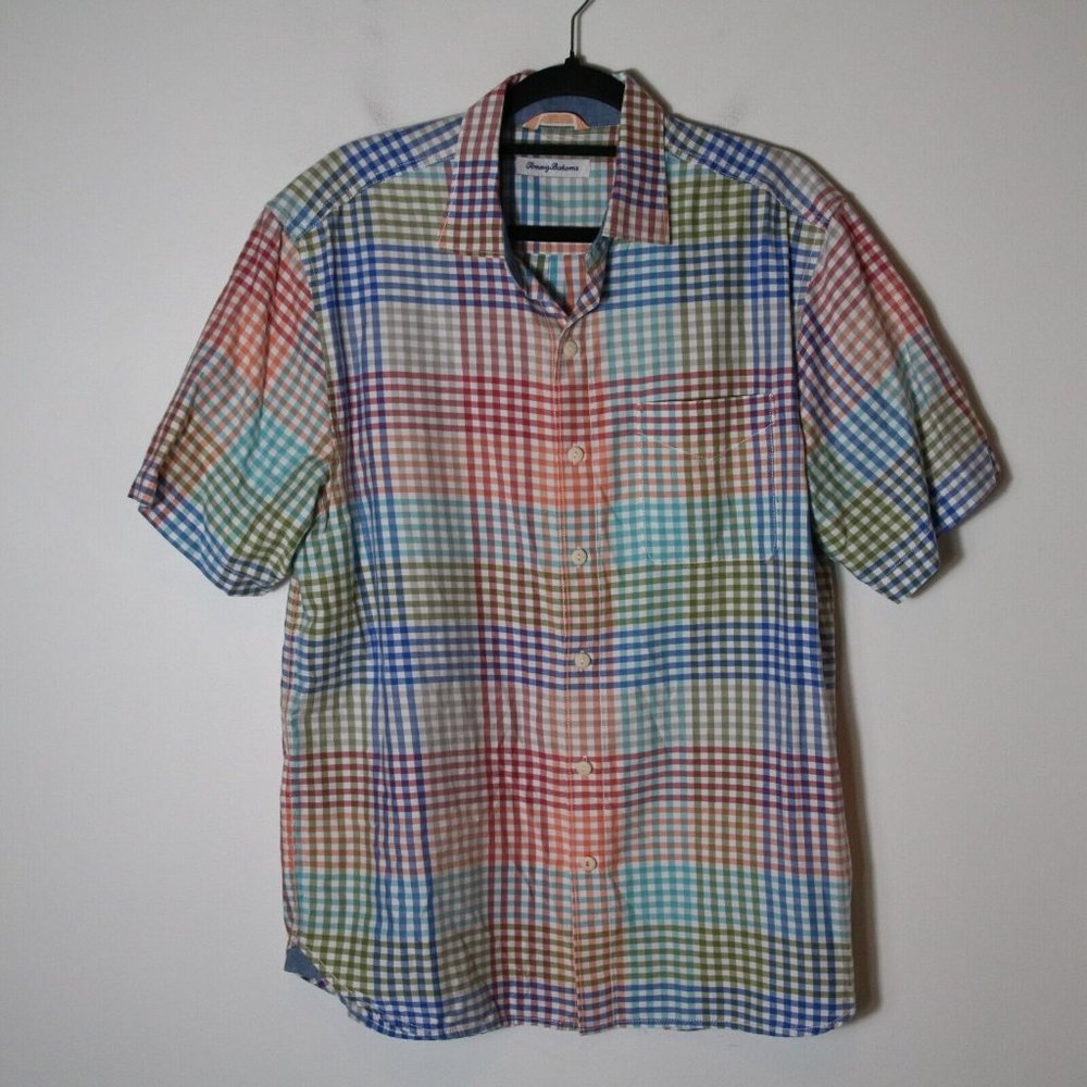 Tommy Bahama Gingham Short Sleeve Button Down Shirt Medium Colorful Lyocell